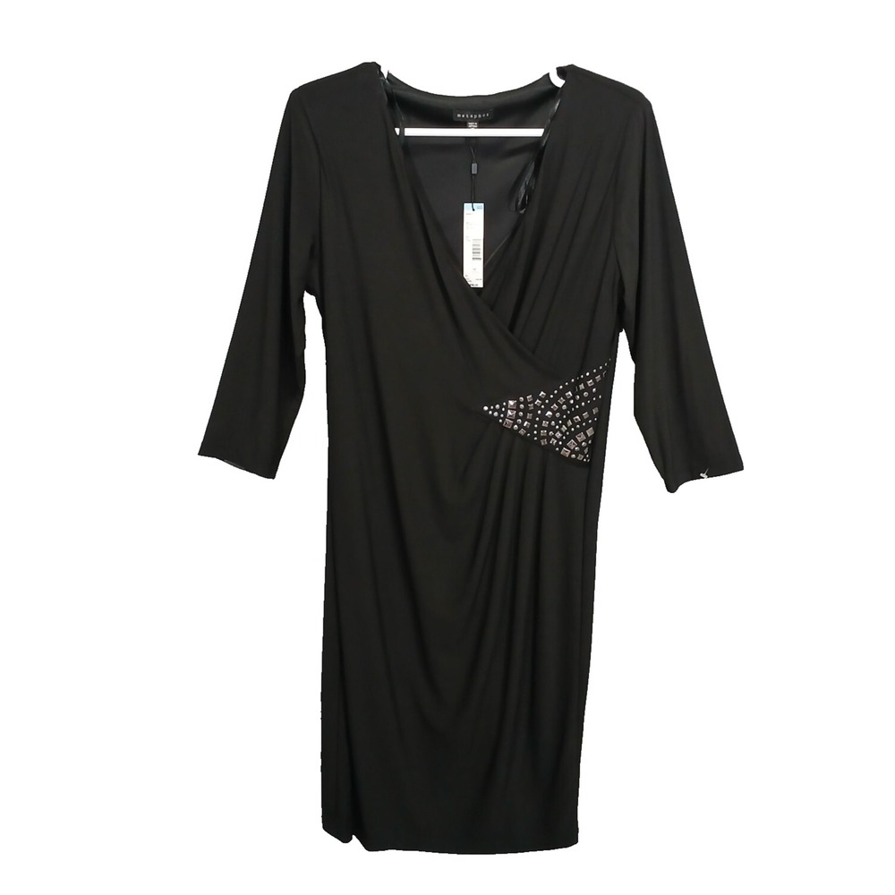 Metaphor Wrap Dress V-Neck Embellished Black 3/4 Sleeves Womens Size 12‎